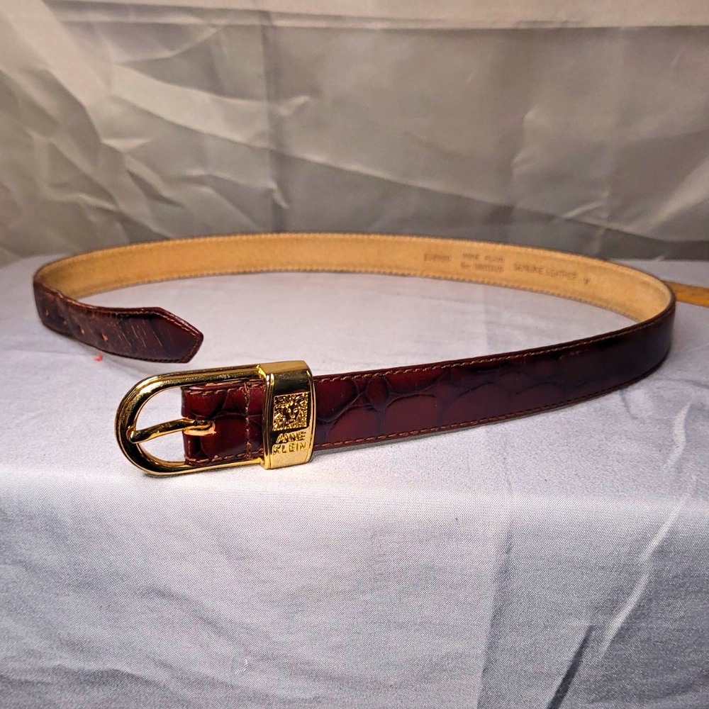Anne Klein Women's Leather Croc Pattern Skinny Dress Belt Gold Buckle Size M